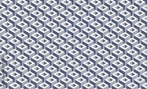 Cubes seamless pattern, abstract 3D optic background, trippy isometric linear polygon endless wallpaper, surreal effect black and white tiling pattern.