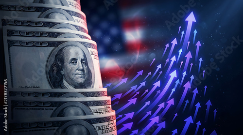 Stacked us hundred dollar bills with glowing blue upward arrows showing financial increase
