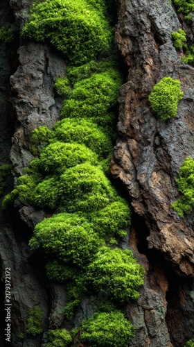 Vibrant green moss patches growing on a dark, textured rock surface with a rough background.