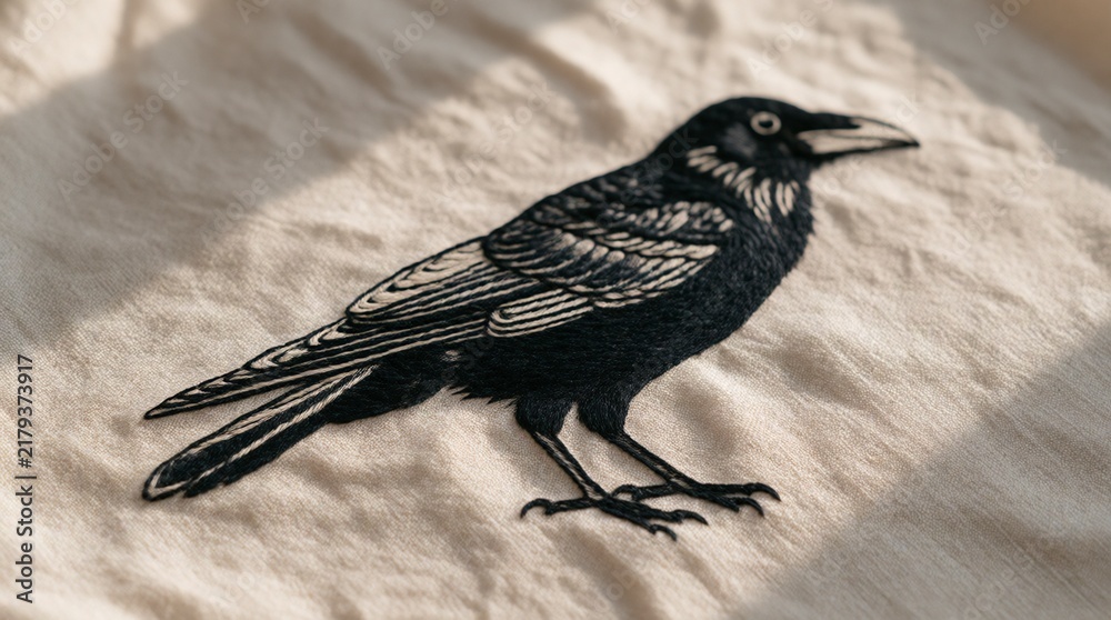 Obraz premium Black crow bird illustration on textured fabric background for artistic design projects