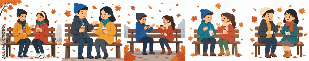 Obraz premium Vector illustration of a children sitting on a park bench, drinking hot coffee and chatting casually in autumn