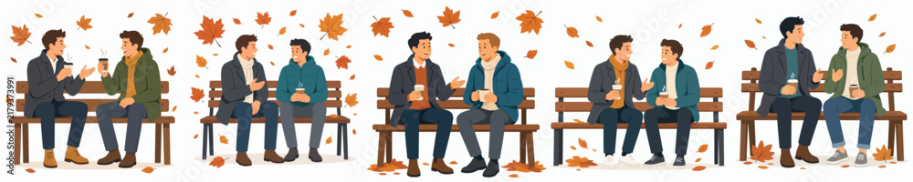 Obraz premium Vector illustration of men sitting on a park bench, drinking hot coffee and chatting casually in autumn