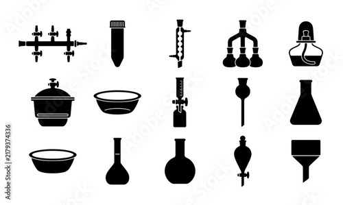 Bild auf Leinwand Scientific laboratory glassware icons, black silhouette chemistry equipment set