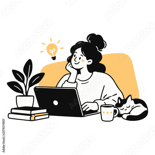 Woman working on laptop with cat and coffee.