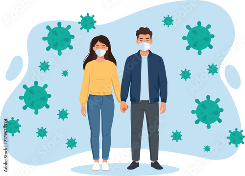 Bild auf Leinwand Coronavirus protection vector illustration, couple wearing medical face masks, p