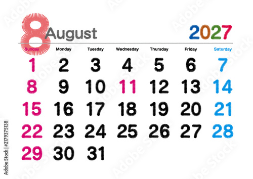 2027年8月の刺繍文字風カレンダー 日曜始まり