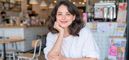 In a cozy city cafe, a self-assured woman enjoys a solo meal, reflecting a cosmopolitan lifestyle.
