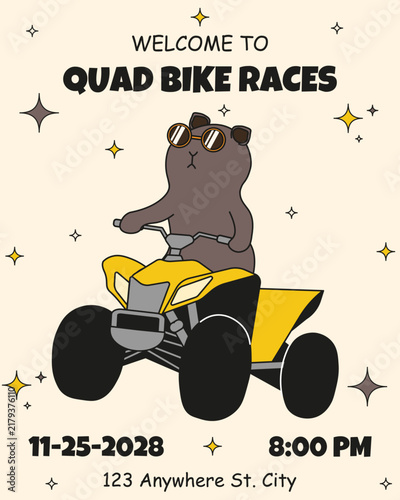 Invitation to Quad Bike Races. Vector illustration of funny Capybara ride the Quad Bike with Welcome message. Perfect Quad Bike Races Invitation flyer design. EPS 10