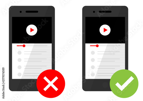 Smartphone video app vector illustration, right and wrong mobile media player icon set isolated on white background
