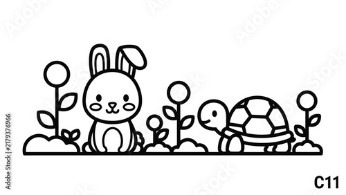 Simple coloring book page featuring a cute cartoon rabbit and a turtle in a garden with flowers and grass, minimalist black and white line art illustration for kids' activities.