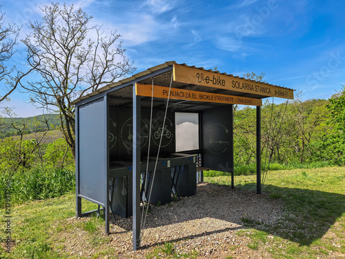 A solar-powered e-bike charging station located at the Zmajevac viewpoint in Serbia's Fruška Gora National Park.