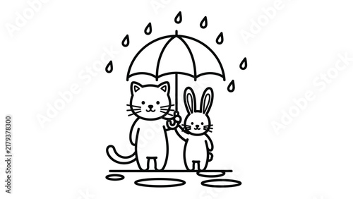 Minimalist black and white line art illustration of a cute cat and small rabbit standing together sharing an umbrella in the rain with water puddles on a plain white background.