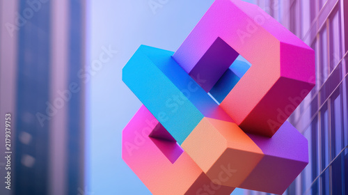Colorful 3D geometric shape with gradient hues, modern design, abstract art, vibrant colors, urban background, creative display