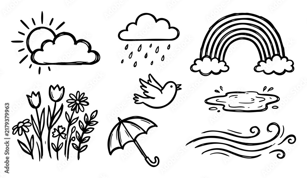 Obraz premium Weather and spring nature elements collection in hand drawn doodle sketch style