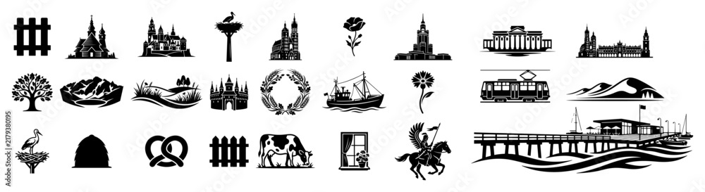 Fototapeta premium Collection of European landmarks and cultural symbols including churches tram and landscape in silhouette style