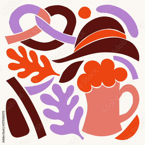 Mid-century modern oktoberfest poster with beer mug and pretzel in matisse paper cutout style — warm vintage art print for munich festival home decor and wall art template design