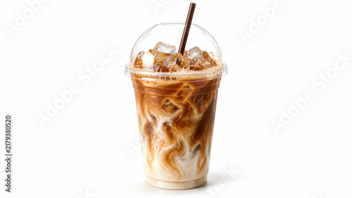 Obraz na plátně Refreshing iced coffee with cream and ice in a clear plastic cup