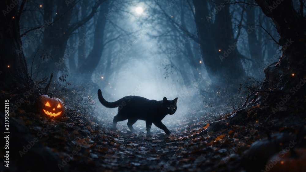 Obraz premium Mysterious cat in eerie forest desktop wallpaper