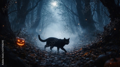 Mysterious cat in eerie forest desktop wallpaper