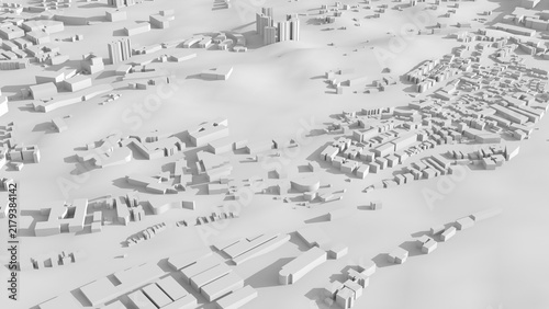 A minimalist white architectural city model viewed from above, showing streets, building blocks and topography for urban planning, design visualization and map layout concepts. 3d render illustration