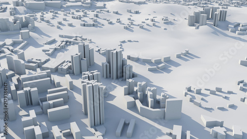 White minimalist aerial city model used for urban planning, architecture visualization and development analysis. Abstract architectural study showing blocks, towers, streets and topography. 3d render