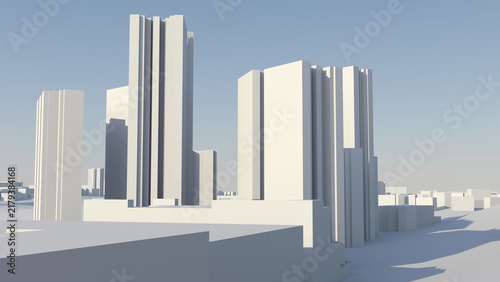 A minimal cityscape rendering showcasing modern skyscrapers and simplified urban architecture bathed in soft light, emphasizing form, scale and geometric facades. 3d illustration