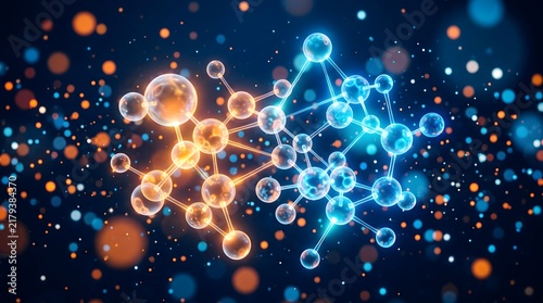 Molecular structure with glowing blue and orange atoms and bonds on a dark background with colorful bokeh lights
