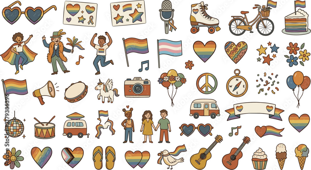 Obraz premium Retro LGBTQ Pride Sticker Set with Vintage Rainbow Flags, Cute Characters, and Parade Celebration Elements for Creative Crafts, Planners, and Digital Media Designs