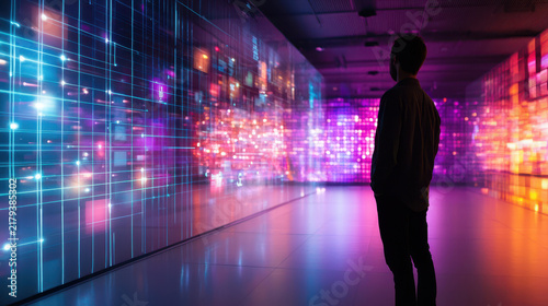 Person stands in front of vibrant digital installation, surrounded by colorful lights and patterns, evoking sense of wonder and exploration