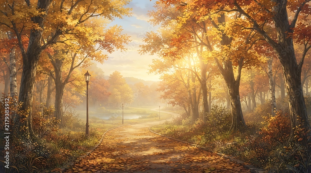 Obraz premium Beautiful autumn park scenery with golden trees and soft morning sunlight illuminating the path.