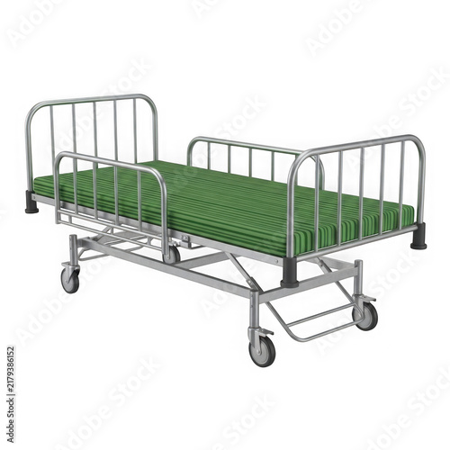 Green hospital bed with wheels on white background