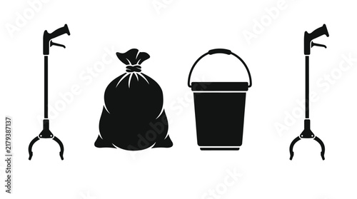 Trash grabber sack and bucket silhouettes on a white background