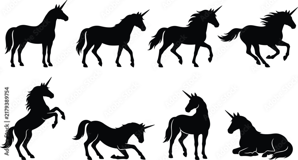 Fototapeta premium WebUnicorn Silhouette Collection with Magical Horses Running Standing Rearing and Resting Poses