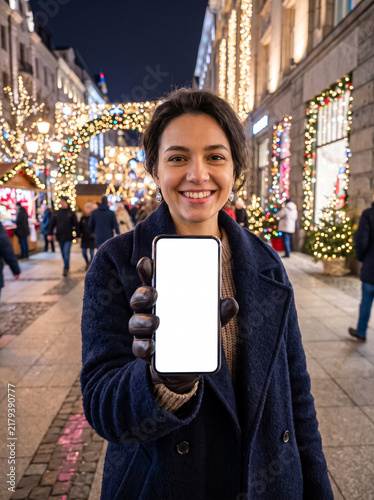 smiling woman in coat holding smartphone with blank screen mockup on decorated festive street with garland lights at night