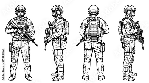 Detailed vector illustration featuring armed soldier character in various poses