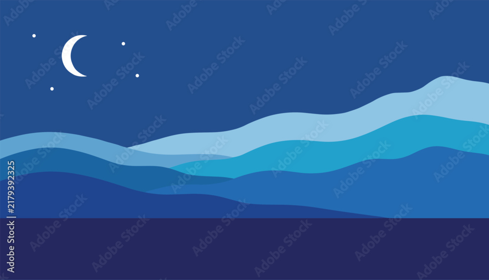 Fototapeta premium Beautiful modern vector night landscape showing layered blue hills and deep sea under a crescent moon with stars.