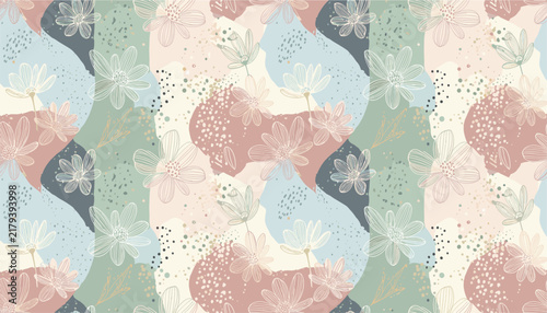 Seamless floral pattern showcases sketchy white flowers over abstract shapes of pink, green, and blue with speckled details.