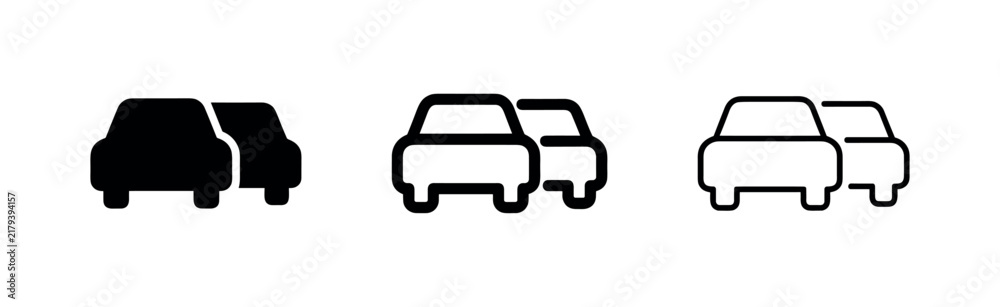 Obraz premium Two car icons in traffic jam: solid black, outlined black, and outline only