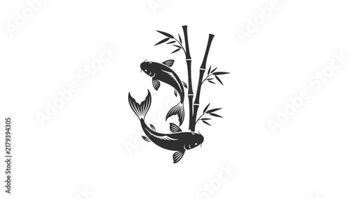 Traditional black ink illustration features two koi fish swimming gracefully around vertical bamboo stalks on a white canvas.