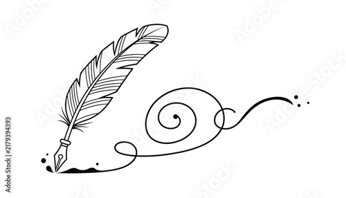 Elegant black line drawing of a quill pen features delicate feather details and a dynamic ink swirl on a white background.