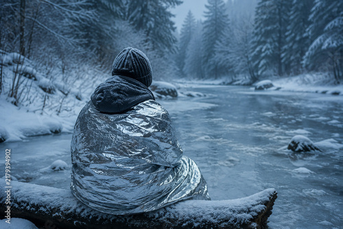 Person in emergency blanket sitting on snowy log by frozen stream, hypothermia and winter survival concept