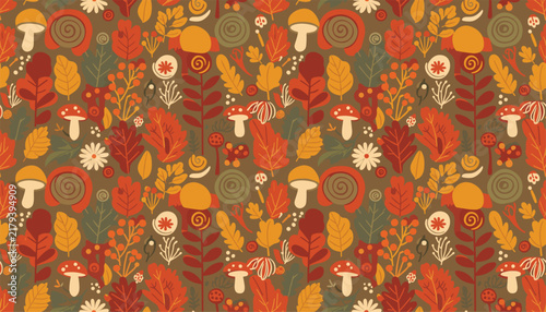 Rich autumn seamless pattern is packed with colourful oak leaves, forest mushrooms, small berries, and wild flowers.