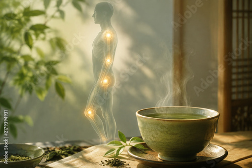 Cup of steaming green tea with translucent human silhouette and glowing joints, calm body energy concept
