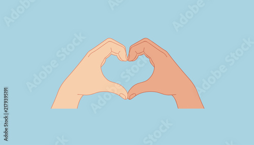 Two hands join together to form a perfect heart shape against a soothing light blue background representing love and friendship.