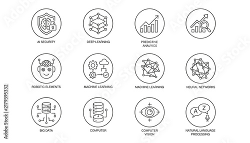 Collection of circular vector icons showcasing concepts of artificial intelligence, machine learning, and neural networks.