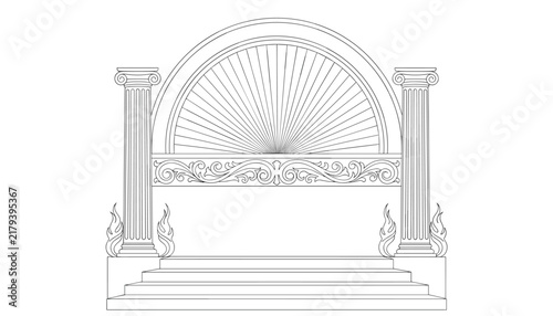 Classic architectural entrance illustration featuring elegant pillars, steps, decorative arch, and stylized flame details.