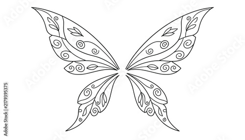 Elegant butterfly wings outline drawing with ornate swirls and botanical details isolated on a white background.