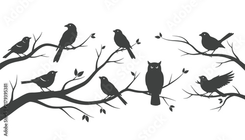 Group of black bird silhouettes perched on tree branches with delicate leaves including an owl in the center.