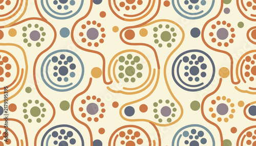 Colorful seamless pattern featuring retro abstract circles, dots, and organic curved lines on a beige background.