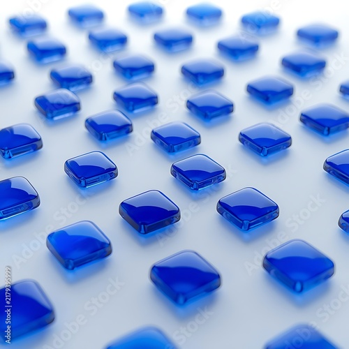 Minimal Blue Glass Tiles on White Background with Soft Shadows